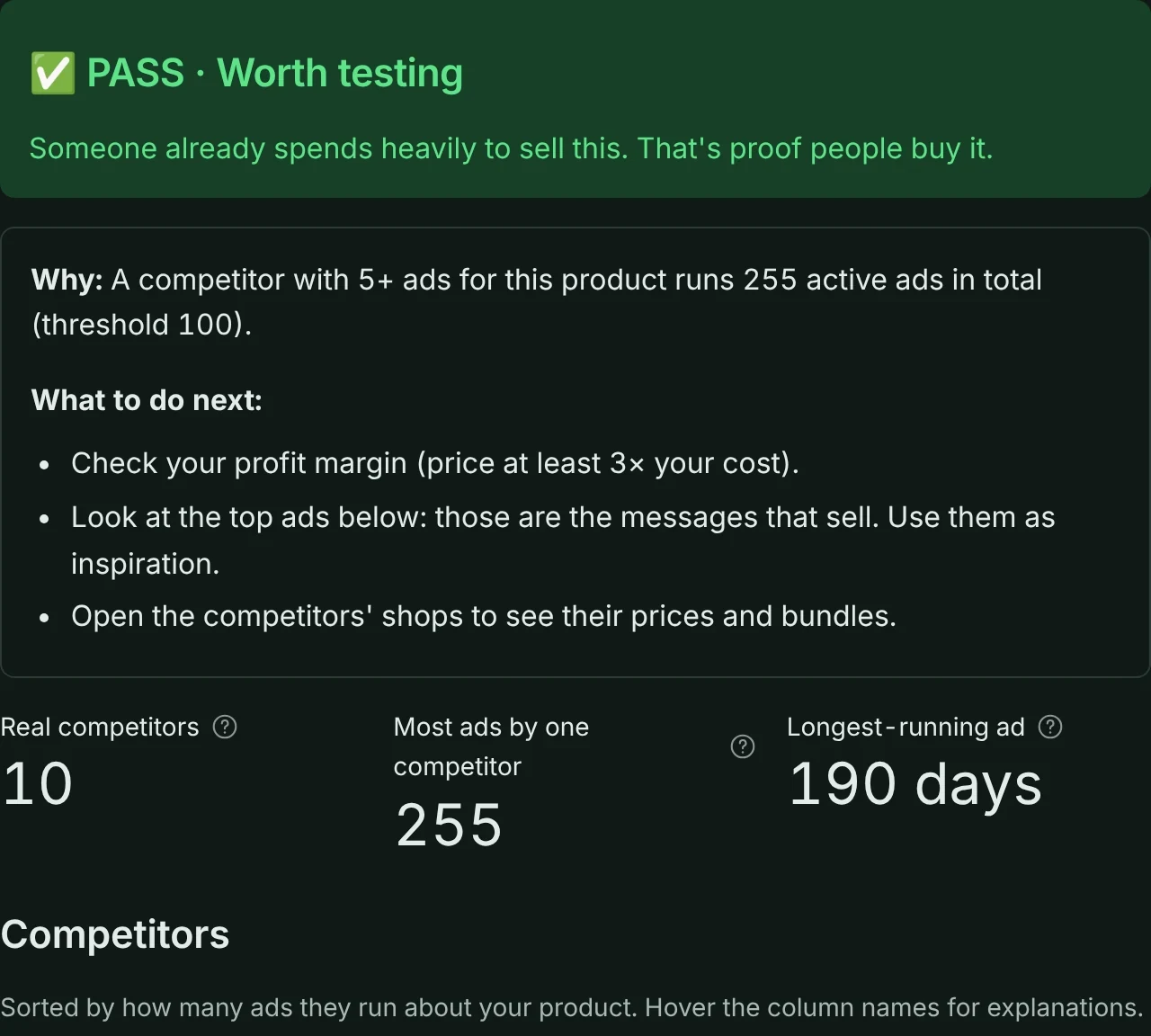 SellProof showing a PASS verdict for a product, with the competitors that advertise it